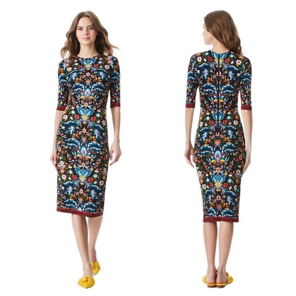 New! Alice + Olivia Delora Santa Monica Bodycon Floral Cocktail Midi Dress - Picture 1 of 10